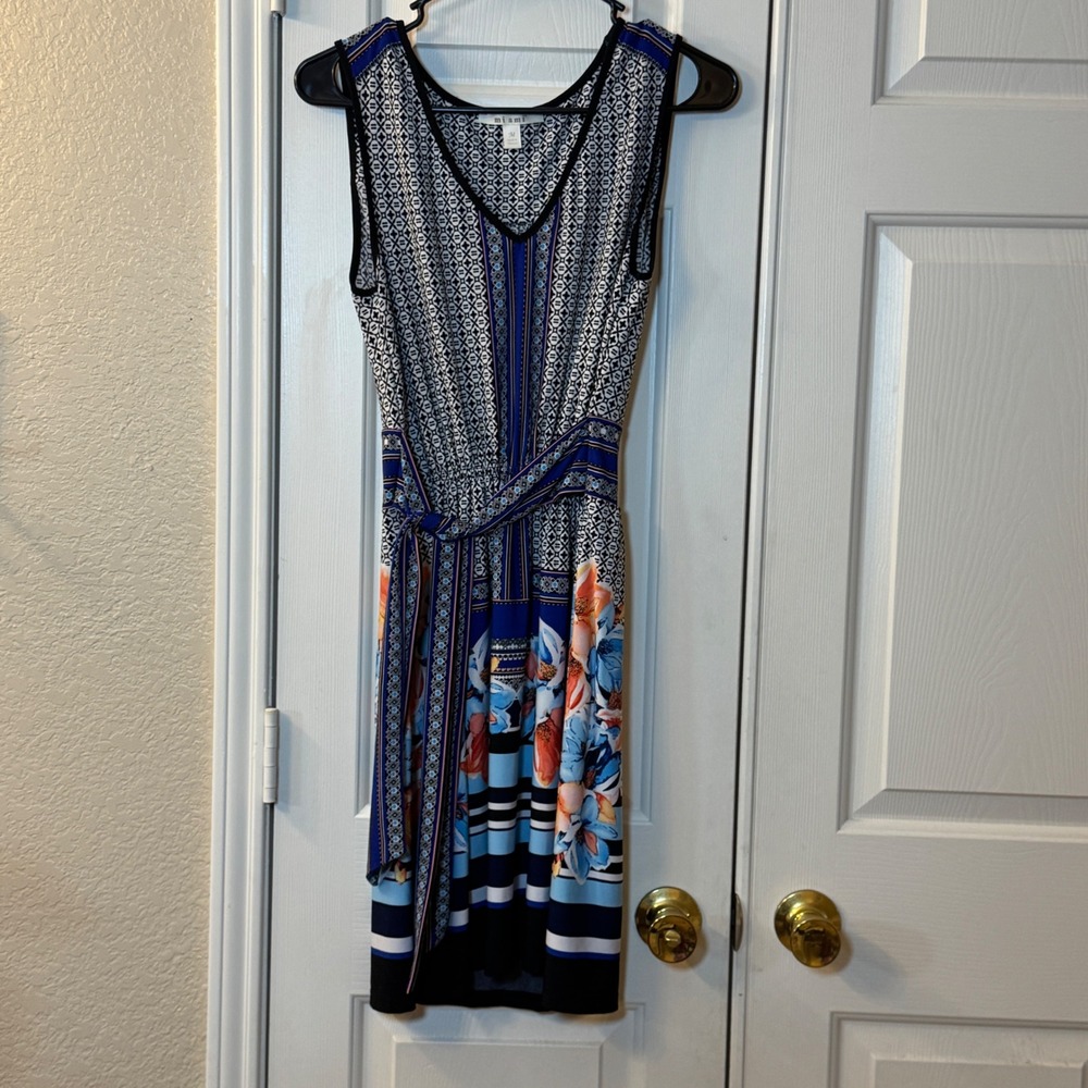 Miami Belted Sleeveless Patterned Blue & Orange Floral V-Neck Dress Womens SzM - Picture 1 of 6